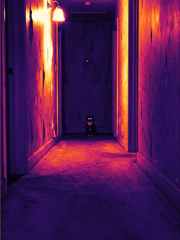 Tuxedo cat in a dim hallway · Ironbow