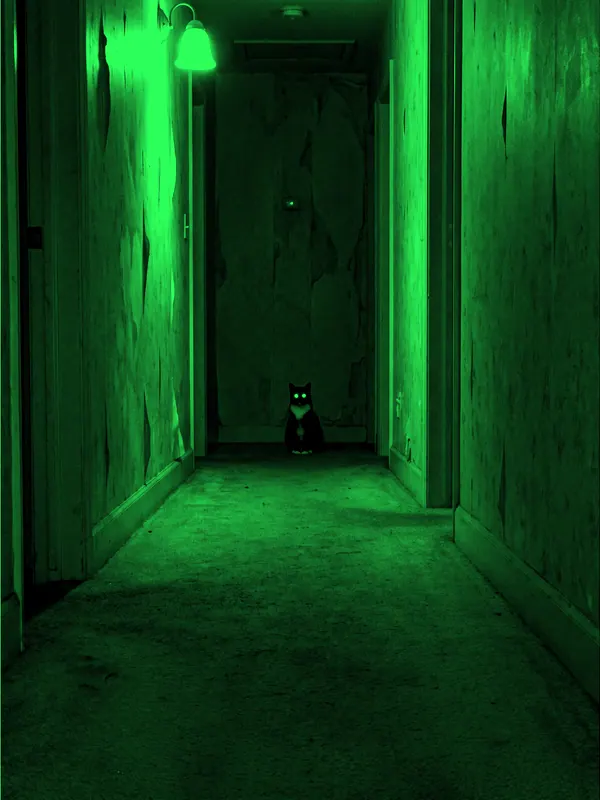 Tuxedo cat in a dim hallway · Night Vision