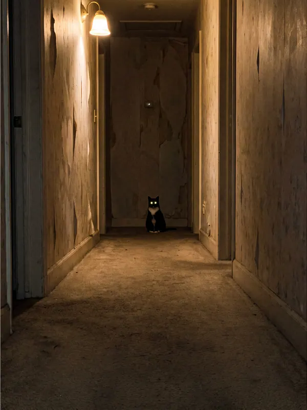 Tuxedo cat in a dim hallway · Visible light